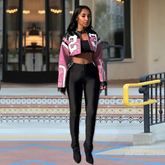Womens Pink VOIKERDR Faux Leather Cropped Motorcycle Bomber Y2K Street Jacket - Picture 3 of 6